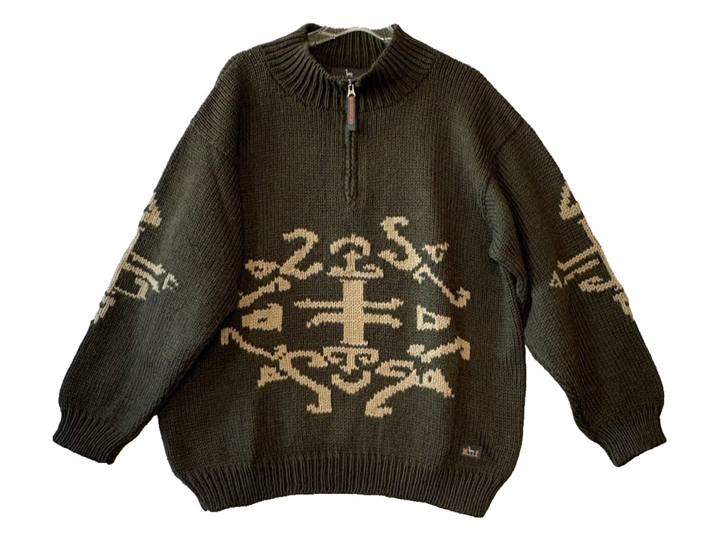 100% Wool 1/4 Zip Pullover Sweater Machu Picchu Alpaca Mens Size S Olive Green